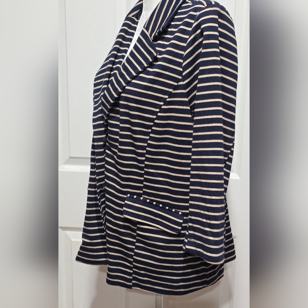 Joan Rivers Tan & Navy Blue Striped Ponte Knit Blazer Jacket - Picture 4 of 10